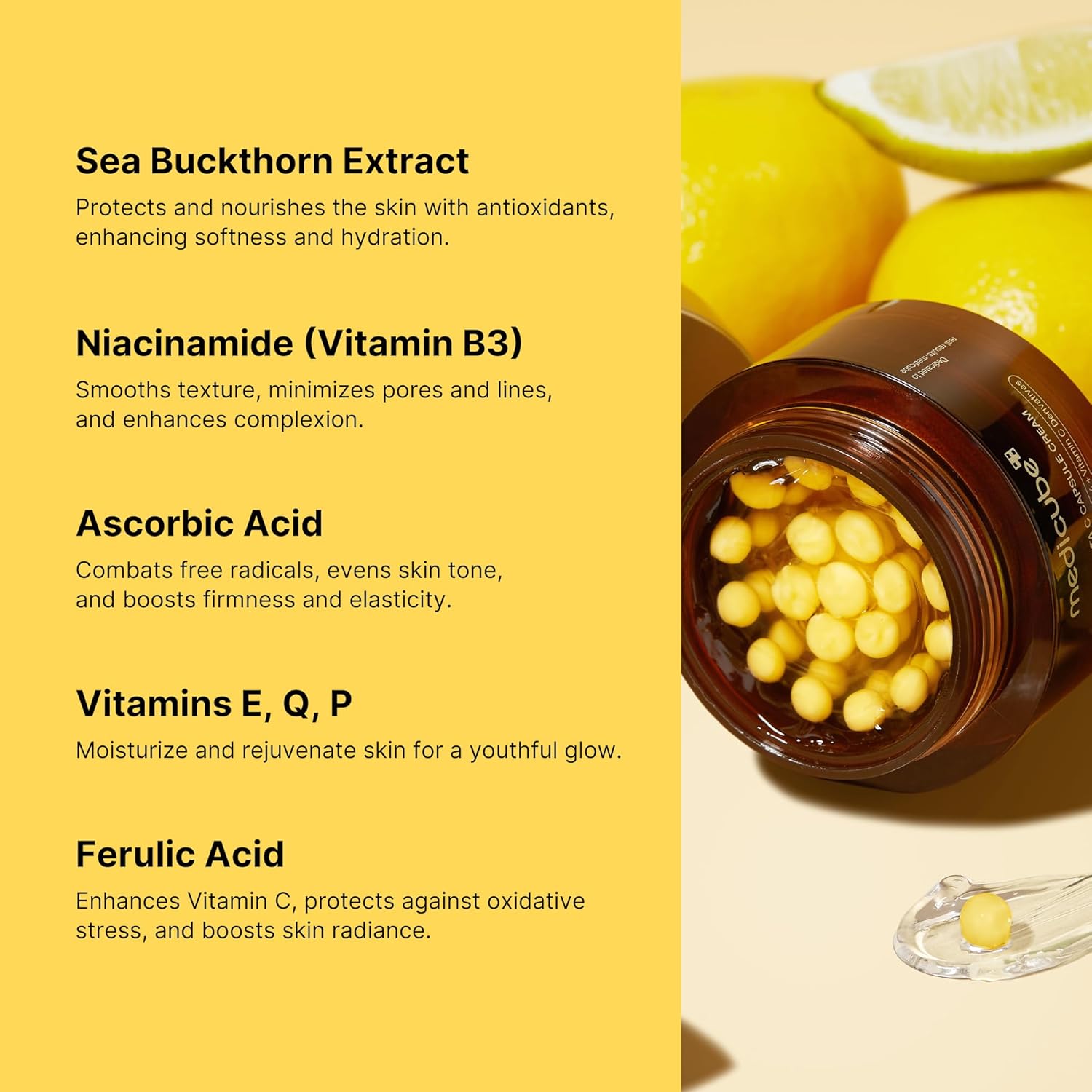 Jar of skincare product with ingredients listed on a yellow background