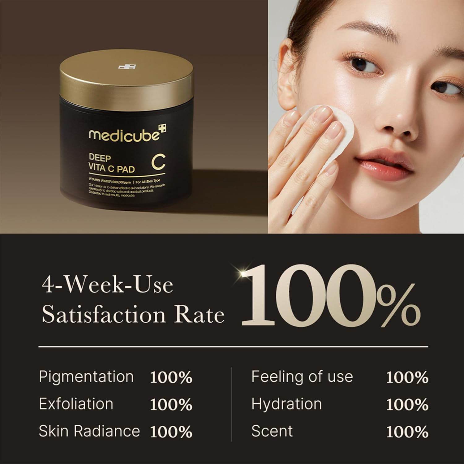 Medicube Deep Vita C Pad with a woman applying cream, 4-week-use satisfaction rate, and product features listed.